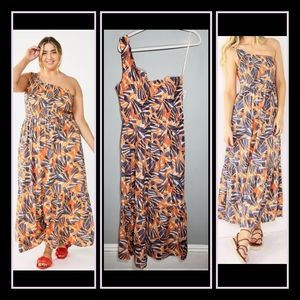 NINE WEST NWT Dress | Size L | One Shoulder Smocked | Bold Bright Tropical Print